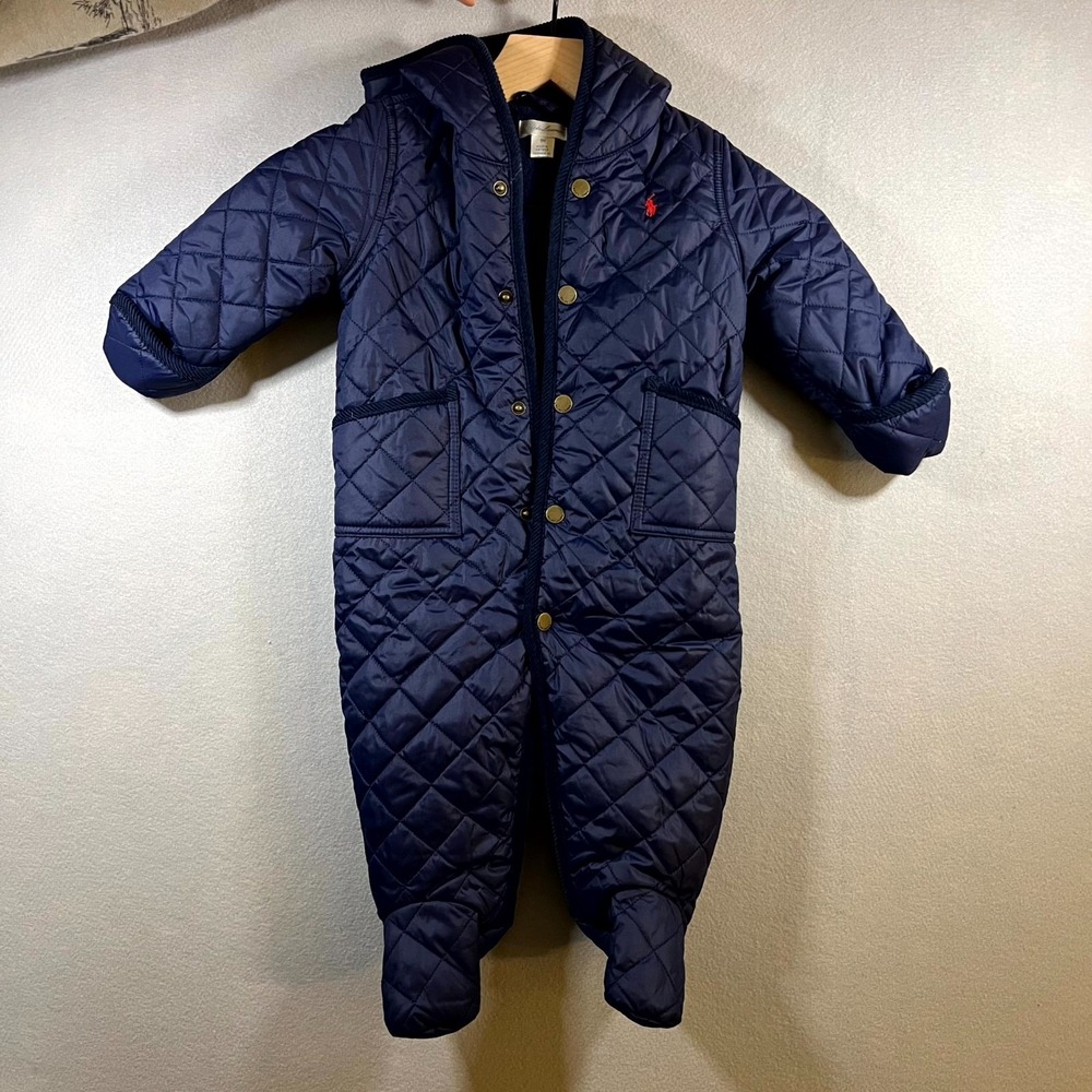Ralph Lauren Snow Suit Baby 9M Blue Fleece Lined Pony Logo Hooded Snap Front